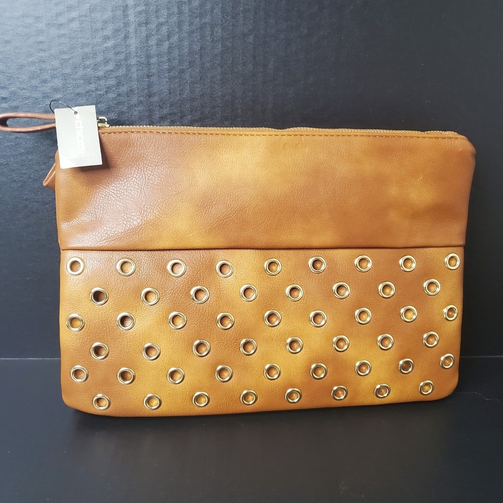 Chico's Jamie Brown Clutch Purse Double‎ Zip Gold Tone Grommets Large 9x12" NEW